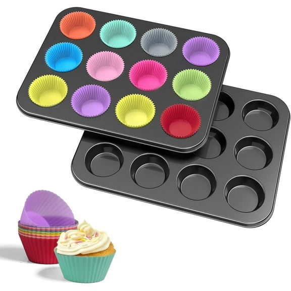 MWAOWM 2 Pcs Muffin Pan with 24 Silicone Baking Cups, 12 Cup Nonstick Cupcake Pan, Black