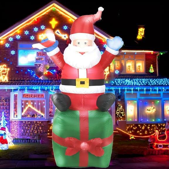 1pc 6FT Christmas Inflatable Santa Claus Outdoor Decorations Blow Up Yard Santa Claus Sitting On A Gift Box With A Candy Cane In Hand With Built-in LEDs For Holiday Party Xmas Yard Garden Lawn Decor