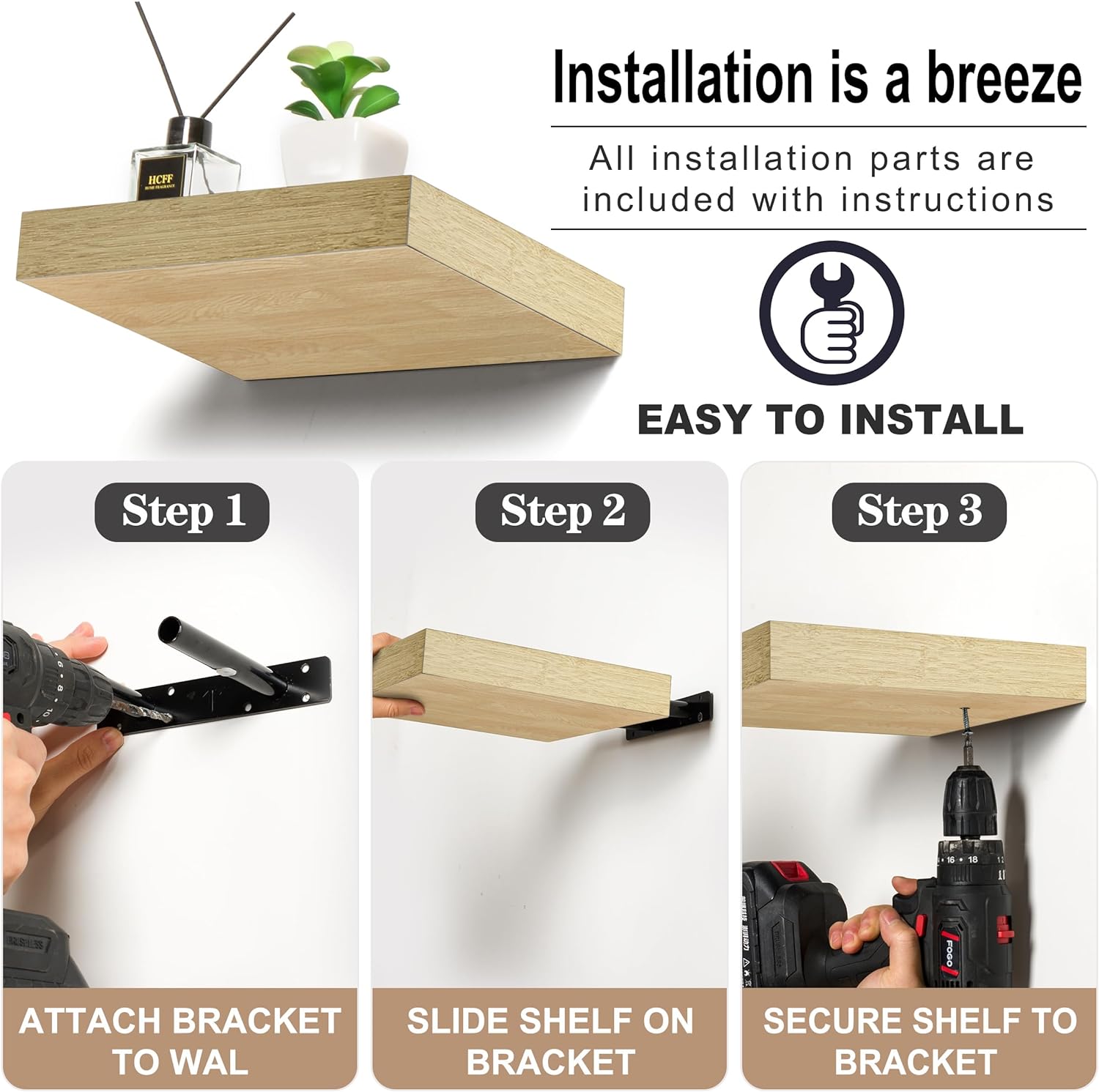 Sorbus Square Floating Shelf for Wall - 3 Small Shelves with Invisible Mounting Brackets for Living Room Decor, Bedroom, Bathroom Decor, Home & Kitchen - 9" Black Wall Shelf