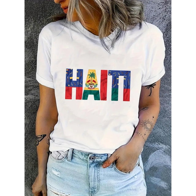 Camiseta deportiva informal y sencilla de manga corta con cuello redondo y estampado de bandera inglesa para mujer, cómoda y moderna, ideal para vacaciones de verano.