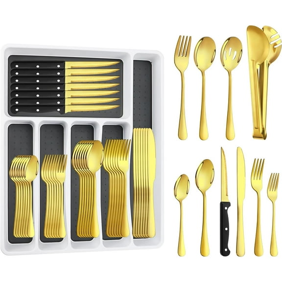 53PCS Gold Silverware Set for 8 with Cutlery Drawer Organizer, Stainless Steel Flatware Set with Steak Knives, Include Spoons and Forks Set & Serving Utensils, Mirror Polished