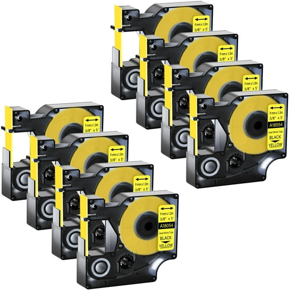 GREENCYCLE 8PK Industrial Rhino Heat Shrink Tubes Compatible for DYMO 18054 9mm 3/8" Black on Yellow Cable Label Tape