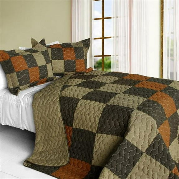 ONITIVA-QTS01187-23 Believe Love - 3 Pieces Vermicelli-Quilted Patchwork Quilt Set  Full & Queen Size - Brown