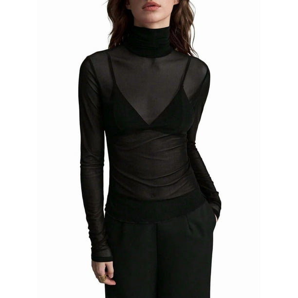 Top de Larga Ajustado de de Color Liso con Cuello Alto para Mujer, Camisa Transparente. Negro S