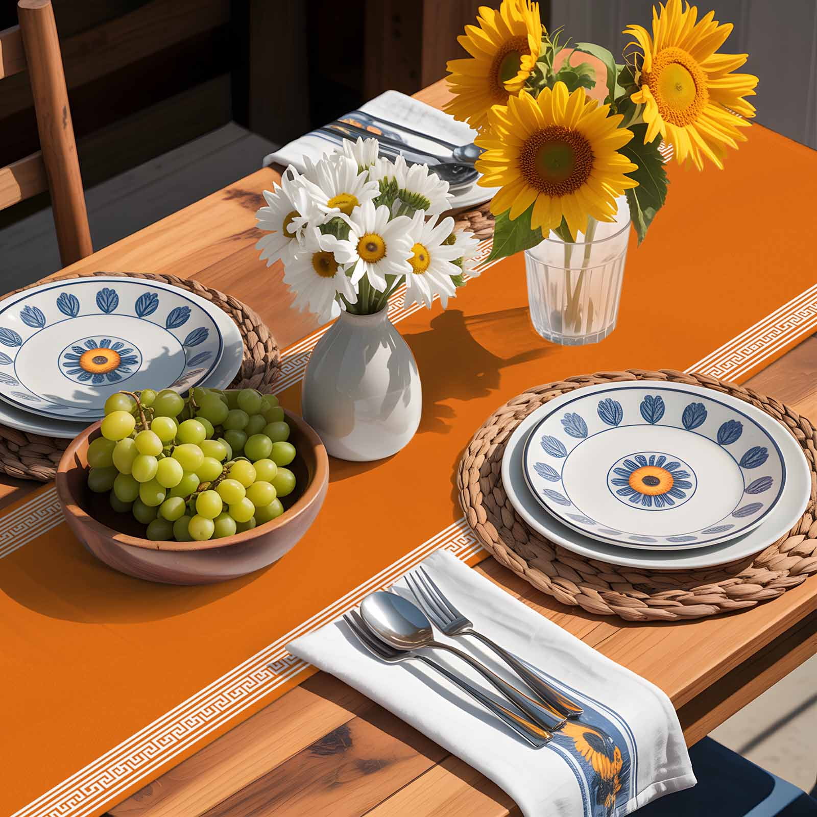 Greece Geometric Key Design Table Runner 90 Inches Long, Abstract Stripe Art on Orange Table Runners Tabletop Scarf Kitchen Dining Tables Decoration for Home Party Indoor Outdoor