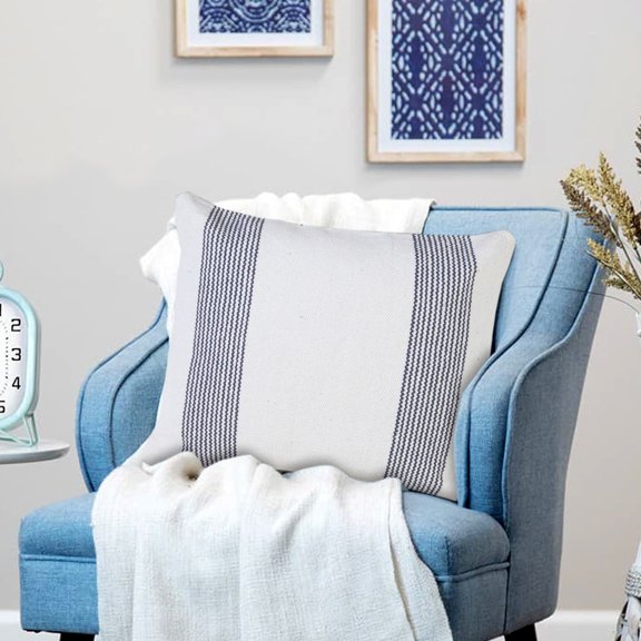 Laddha Home Designs Handwoven Geometric Striped Cotton Throw Pillow Cover - 20" - Blue and White