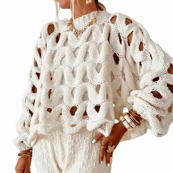 Women'S Casual Solid Color Crochet Knit Sweater Long Sleeve Beach Vacation Pullover Top White L
