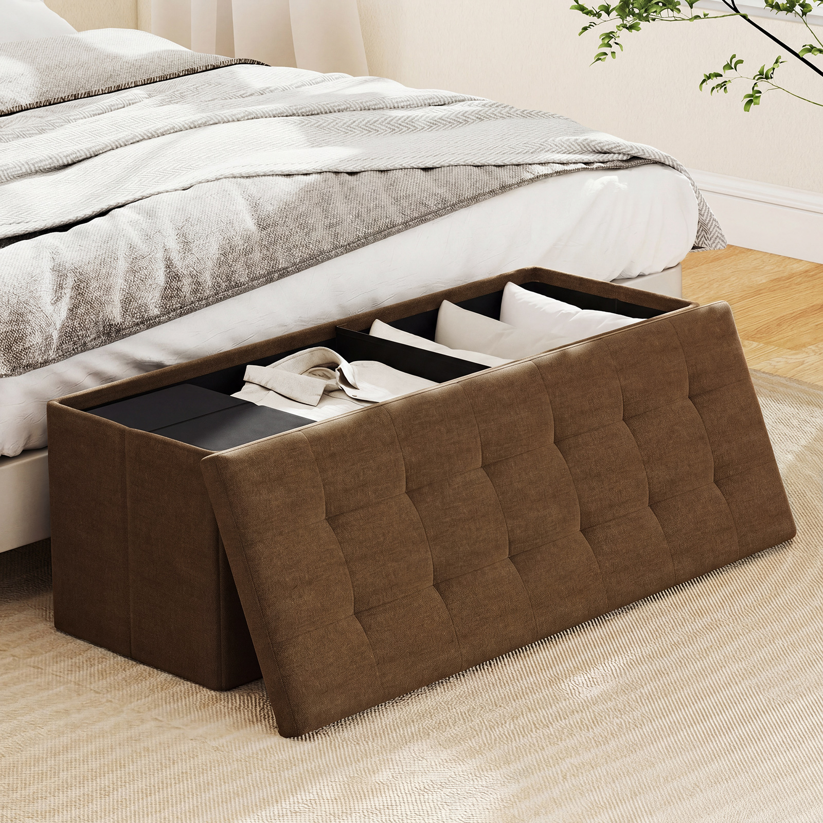 Costway 43" Folding Storage Ottoman Bench, Brown Linen photo 4