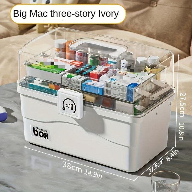 Boîte de Rangement pour Médicaments Grande Capacité avec Poignées Faciles à Saisir - Organisateur de Pilules en Plastique Durable à Plusieurs Couches pour Usage Domestique, Voyage et Bureau - Solution de Rangement Sécurisée et Peu Encombrante