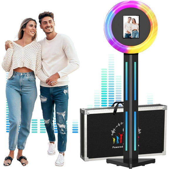 MWE Photo Booth Stand for ipad 12.9'' 10.9'' 10.2'' with Ring Light Software APP and Remote Control, RGB Lights Music Sync, Flight Case,White