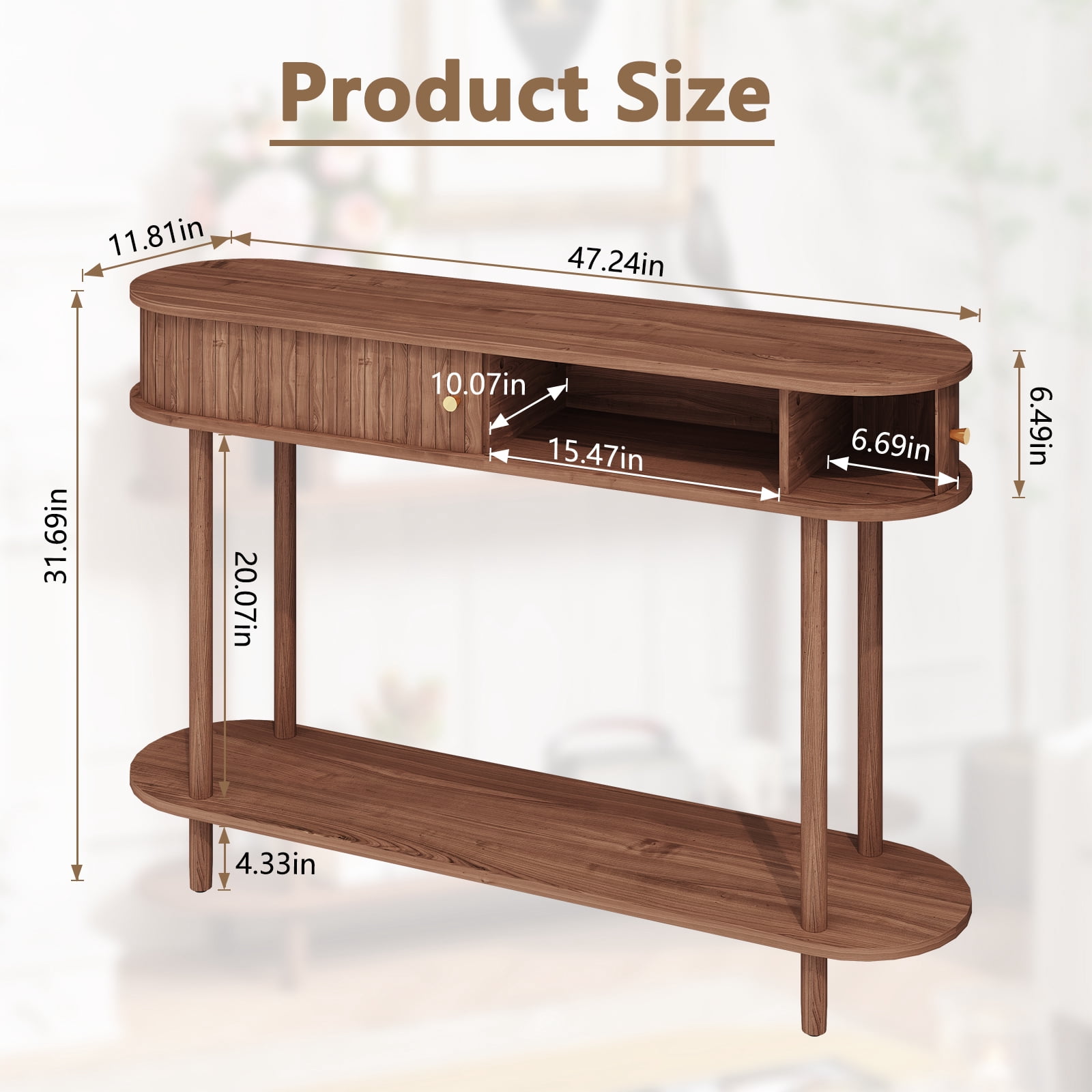 CBJCBJ 47.5" Console Modern Entryway Table with Wood Tambour Door Sofa Console &Storage Shelf for Hallway, Living Room（Brown）