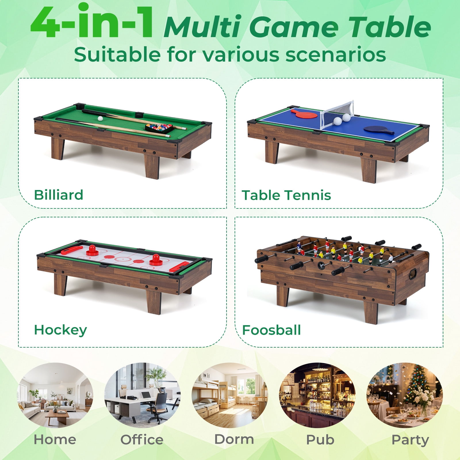 Patiojoy 4 in 1 Combo Game Table Set Foosball Table w/ Billiards Ping Pong Hockey & Complete Accessories Natural