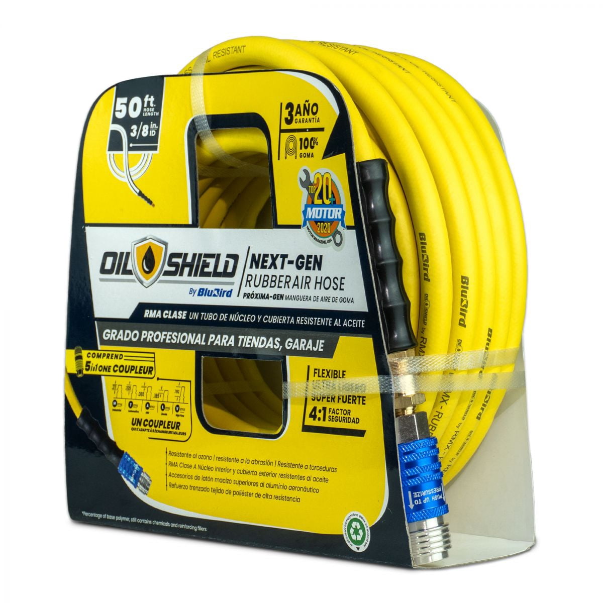 OilShield 3/8" x 50' Rubber Air Hose with BluBird 5-in-1 Safety Coupler – 300 PSI, Class A Oil Resistant, Solid Brass Fittings, -30°F to 180°F Flexibility, Kink & Abrasion Resistant – 3 Yr Warranty