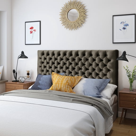 Adjustable Height Queen Headboard in Grey Velvet / Fit Your Bed and Needs