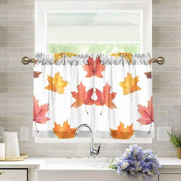 Yayeee Kitchen Curtains Tier Pair Light Filtering 27"x36" Rod Pocket Short Cafe Window Panel, White Autumn Leaves