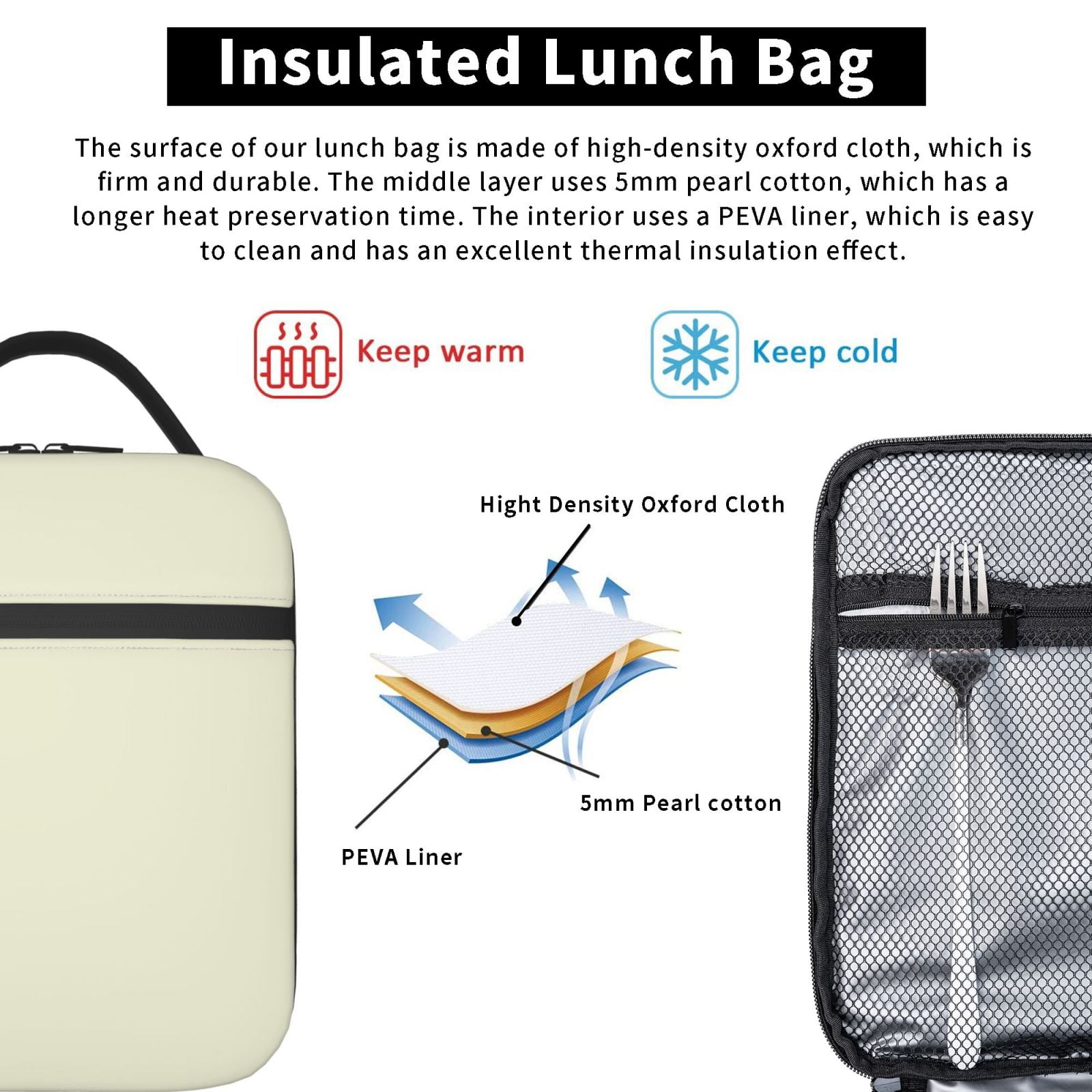 Lunch Bag For Women Men Insulated Portable Lunch Box Bento Box Office Picnic Travel Cooler Bag Beige