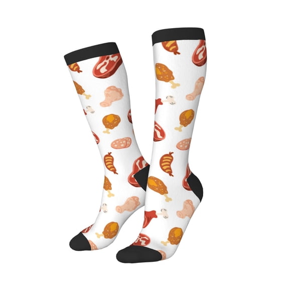 Knee High Socks for Women Men Athletic - Steak Hot Dog Chicken Leg Print Thigh-High Black Sole Comfort Breathable Long Socks for Casual Travel Running