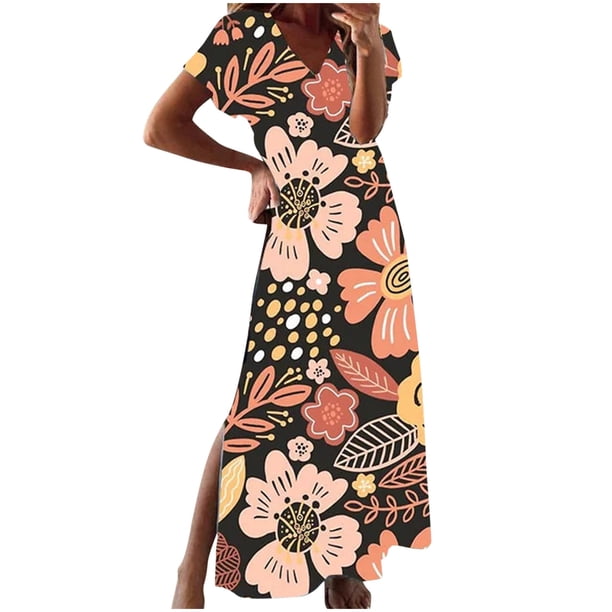 Vestido largo de playa con cuello redondo y manga corta con estampado floral sexy informal a la moda para mujer Pompotops ghjkhdj15395
