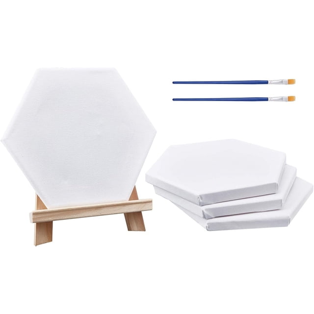 Kit de pintura DIY de 7 piezas con lienzo en blanco, caballete de mesa de madera y pinceles de plástico para pintura al óleo y acuarela.
