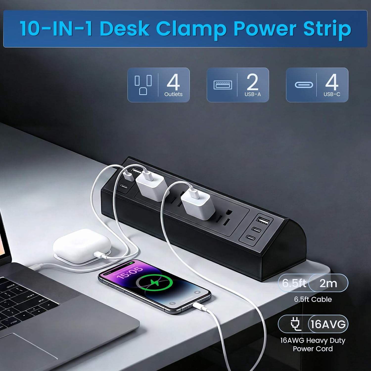 ZHANGONG Desk Clamp Power Strip with 4 AC Outlets & 6 USB Ports (4 USB-C), 2000J Surge Protector, 1875W, 6.5FT Flat Plug for Home Office Desk