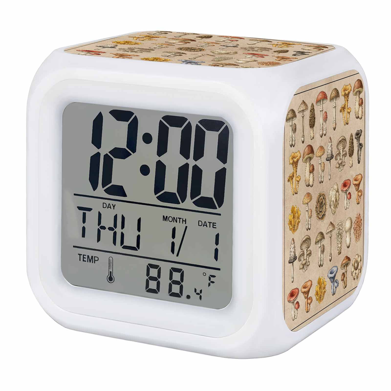 Mushrooms Alarm Clock, Retro Mushroom Plants Biographies Linen Texture Digital Clock Night Light with 7 Mushrooms Alarm Clock, Retro Mushroom Plants Biographies Linen Texture Digital Clock Night Light