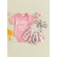 thumbnail image 2 of Suealasg Baby Girl 3 Piece Summer Beach Clothes Set Short Sleeve Letter Print Romper Tops + Floral Skirt Shorts +Headband Newborn Girls Father's Day Outfits, 2 of 9