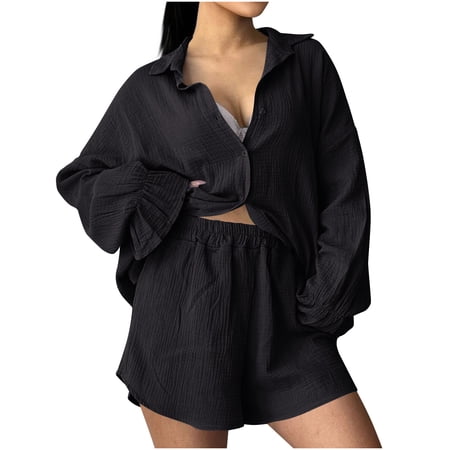 Bovxnpu Summer Casual Outfits For Women 2 Piece Lounge Sets Fashion Women Solid V-Neck Button Casual 3/4 SLeeve Top+ Short Pant Set L