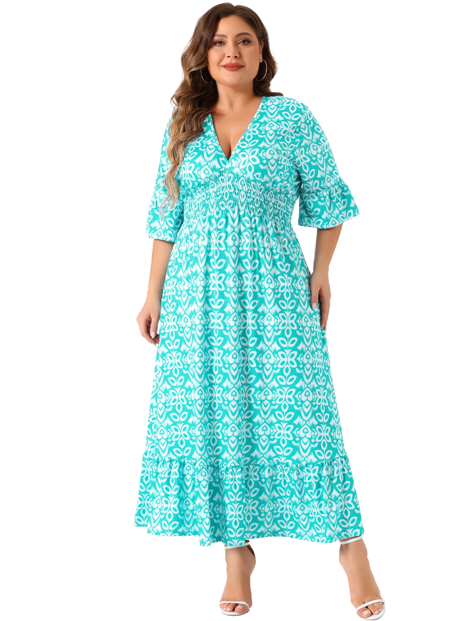 DARING DIVA Women's Plus Size Bell Sleeve Ruffled Hem Boho A Line Dress 3X Lake Green