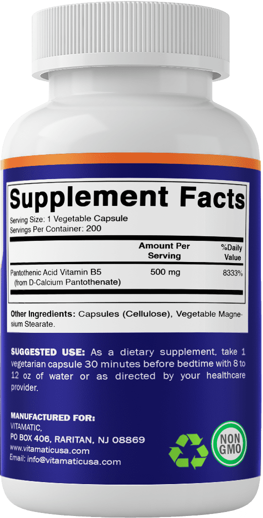 2 Pack Vitamatic Pantothenic Acid (Vitamin B5) 500mg, 200 Capsules - For Hair, Skin, Nails & Digestive Support