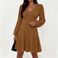 thumbnail image 4 of Karymi Summer Dress Brushed Ribbed Knit Mini Dress Deep V Neck Lantern Long Sleeve High Waist Flared Ruffle Hem Casual Fall Short Dress, 4 of 8