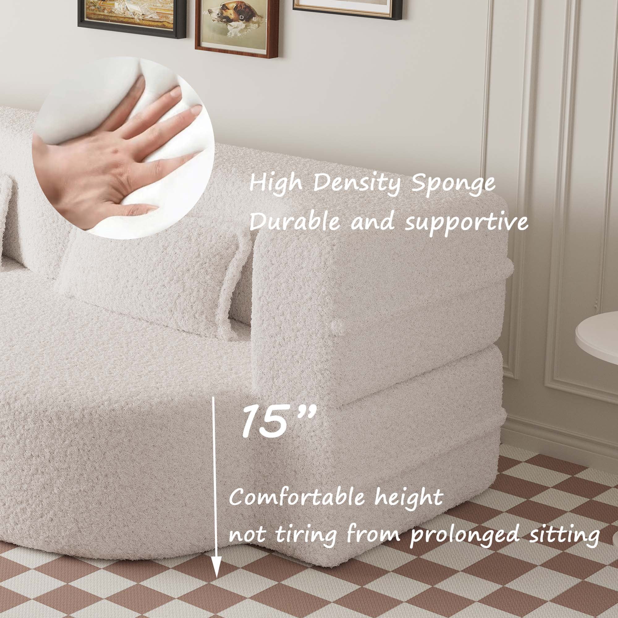 Miniyam Floor Sofa with 2 Pillows, Convertible Teddy Fabric Foam-Filled Sleeper Sofa Bed, Beige