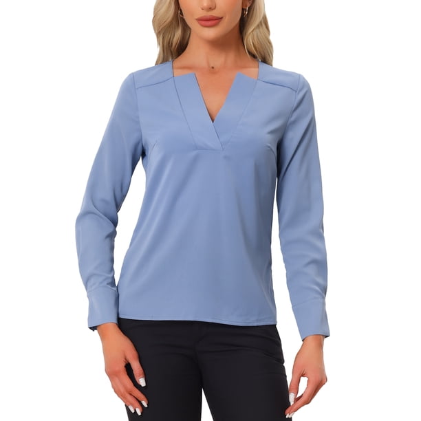 Blusa de Oficina Chic Inspire para Mujer, Blusas de Manga Larga con Cuello en V, S Azul Gris