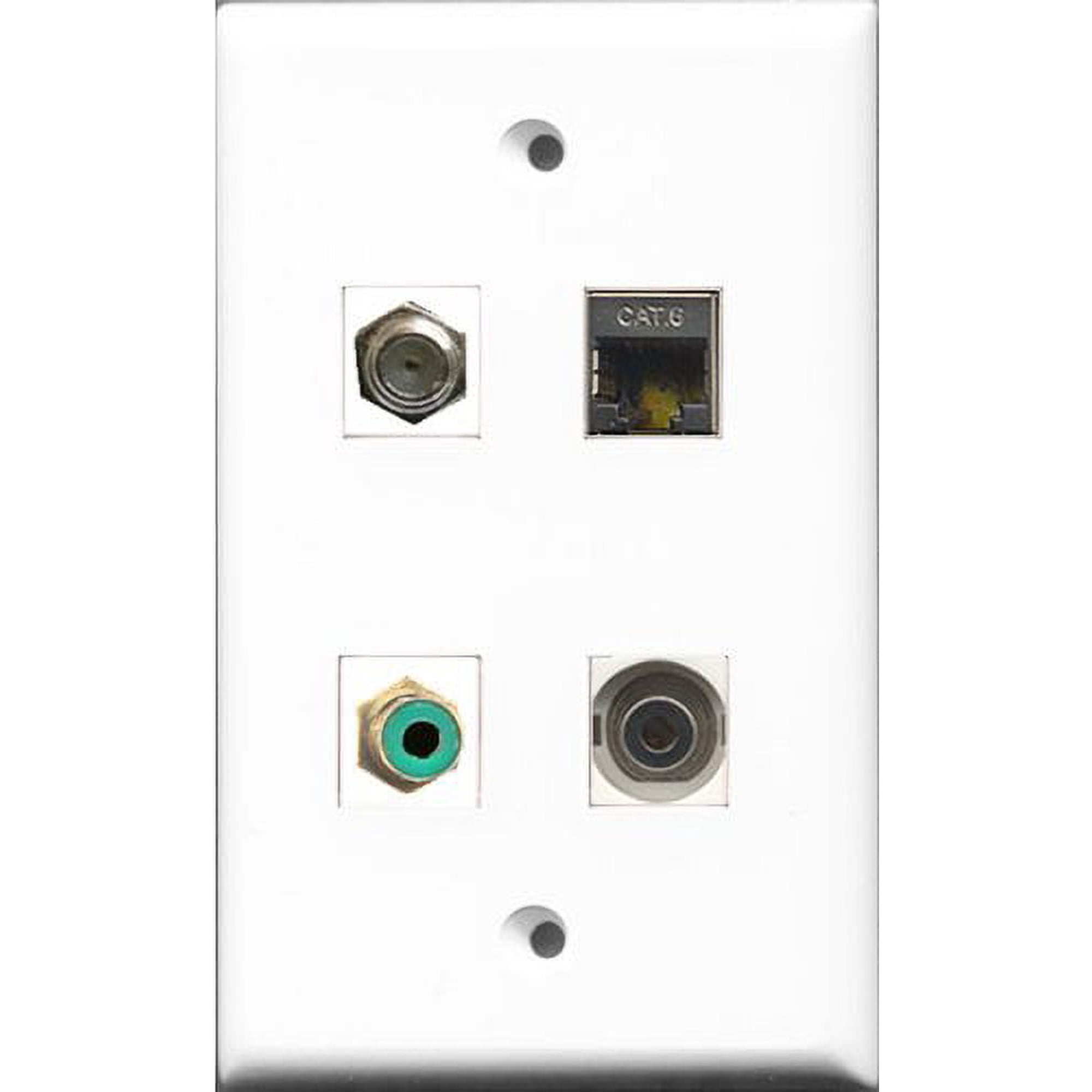 RiteAV 1 Port RCA Green and 1 Port Coax Cable TV- F-Type and 1 Port Shielded Cat6 Ethernet and 1 Port 3.5mm Wall Plate