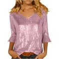 thumbnail image 2 of Women's Tops 3/4 Sleeve Casual Sequined Flare Sleeve V-Neck Party Blouse Pink XL, 2 of 6