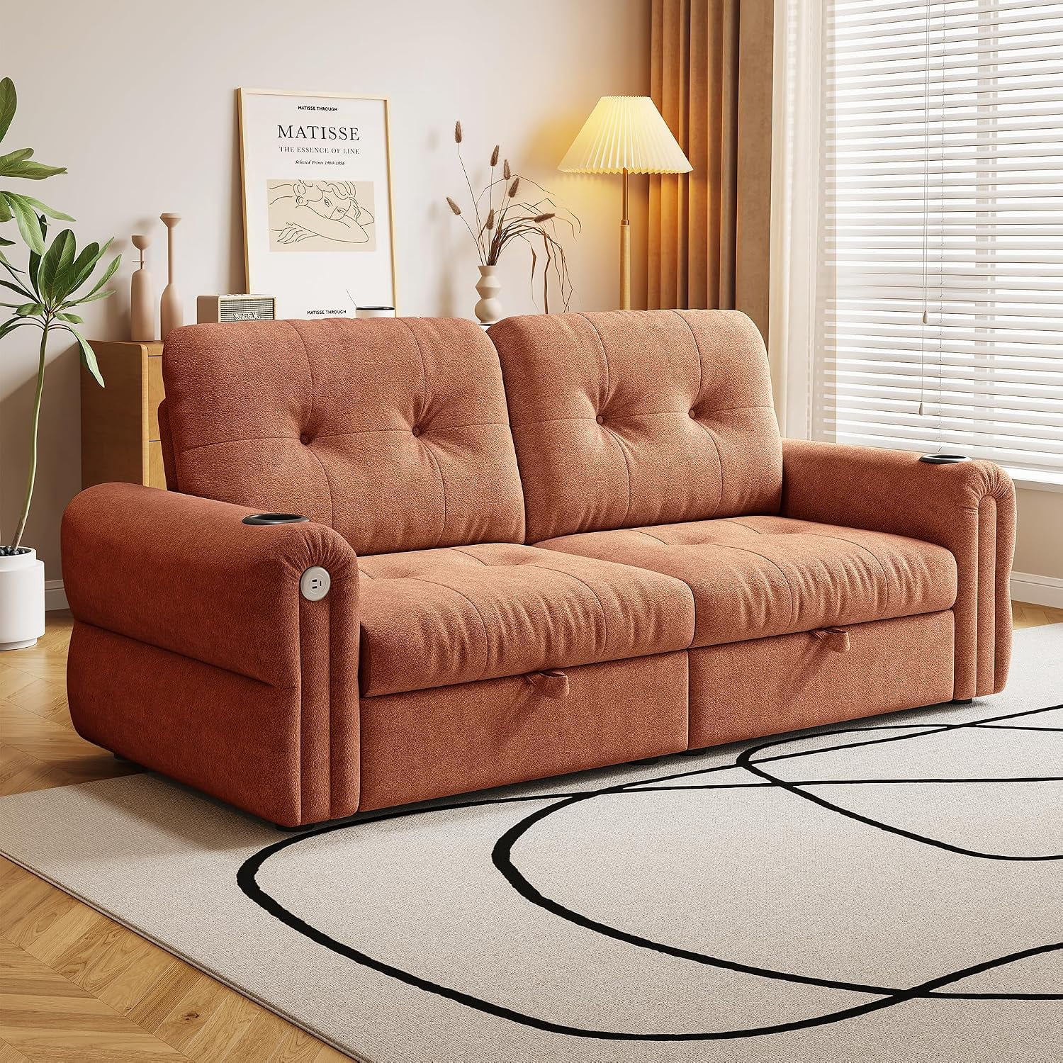 77" Queen Size 3-in-1 Convertible Sleeper Sofa Bed, Chenille Couch with Adjustable Backrest, Cup Holders & USB Ports