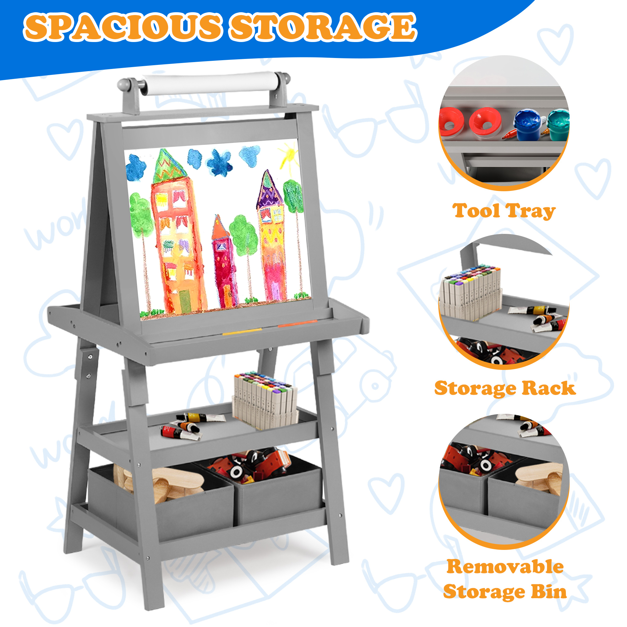 AILEEKISS 3 in 1 Kids Art Easel Double-Sided Magnetic Whiteboard Chalkboard with Paper Roller, Grey