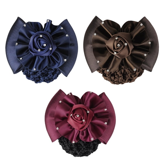 MERRYHAPY 3-Pack Hair Nets for Buns with Decorative Bow Clip and Rose Detail, Fits Thin and Thick Hair, Assorted Colors