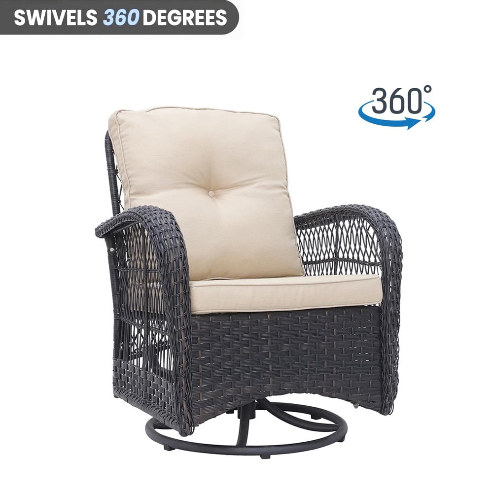 Abble 3 Pieces Patio Furniture Set, Swivel Rocking Outdoor Patio Conversation Set Wicker Rattan Seating Group Set with Beige Cushions, Dark Brown