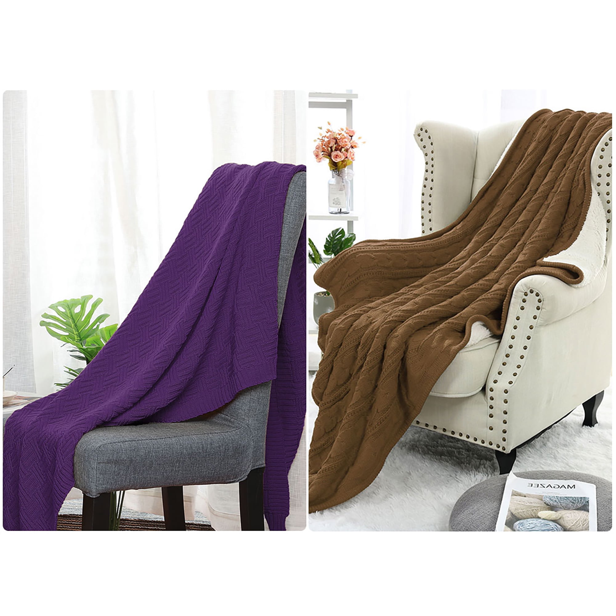 Pack of 2 Throw Blanket,Lightweight Cable Knit Blanket,Knitted Throw