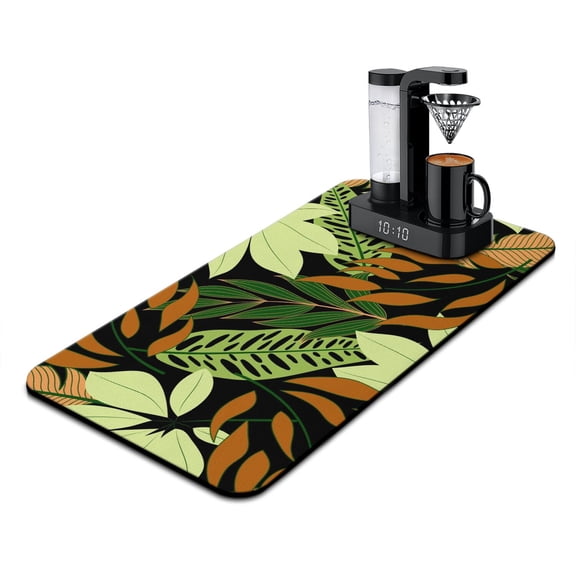 Hawaiian Floral Jungle Leaf Kitchen Mat, Absorbent and Reusable Coffee Pad, Non-Slip Under Appliance Mat with Tropical Design