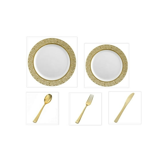 Inspiration White with Gold Lace Border 10" Dinner Plates   7" Salad Plates   Cutlery *Party of 40*