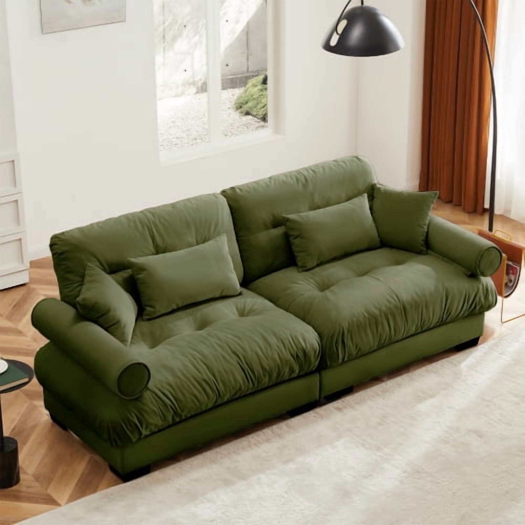 94" Cloud Couch Olive green Chenille 2-Seater Sofa with Round Bolster Armrests, Deep Cloud-Like Seat, and 2 Lumbar & 2 Throw Pillows