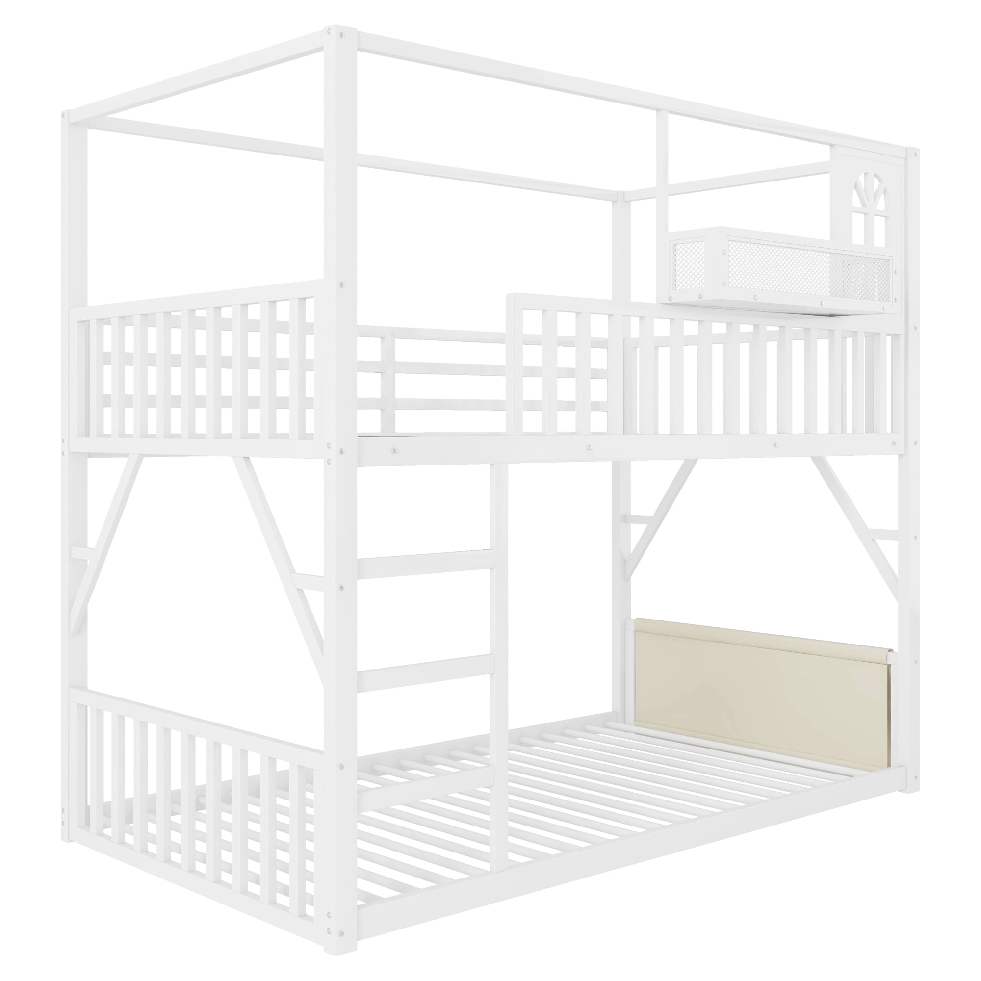 HOQBN Floor Bunk Bed Twin Over Twin,Metal Low Bunk Bed Frame with Storage Shelves and Storage Bag,White