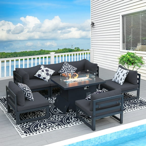 RADIATA® 7 Pieces Aluminum Patio Furniture Set with Fire Pit Table 43" Propane Gas Convertable Safe Approved Outdoor Luxury Conversation Sofa Set with Firepit Grey Color for Poolside