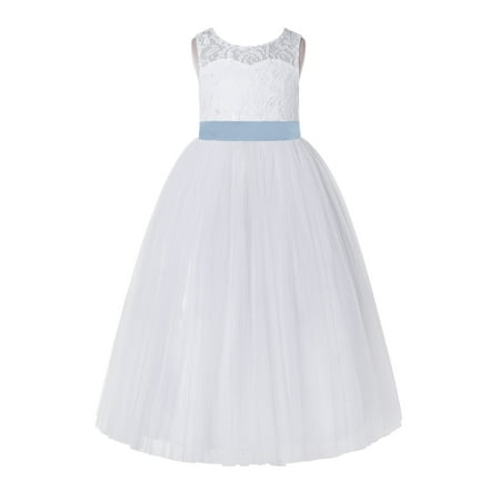 

White Floral Lace Neck A-Line Keyhole Back Flower Girl Dress Bridesmaid 178R