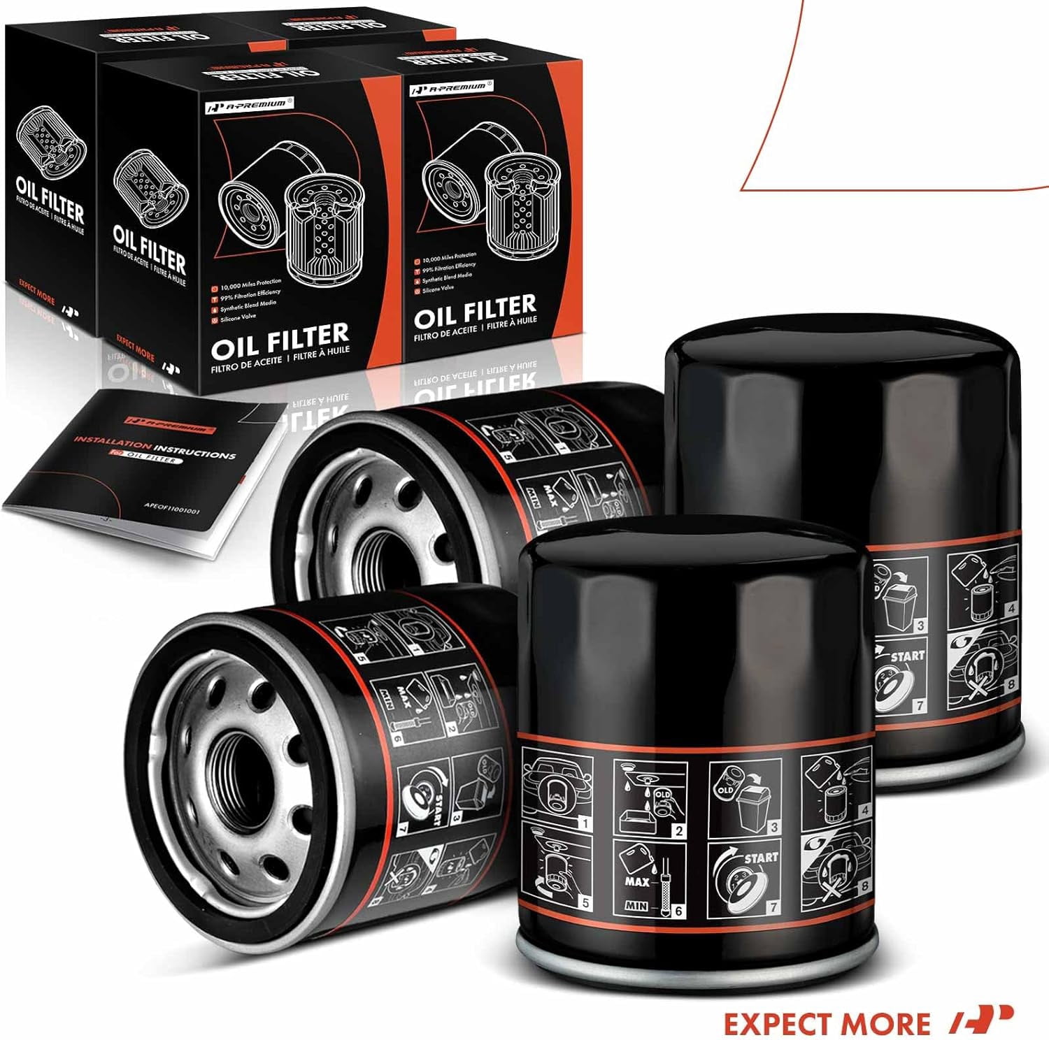 A-Premium 4-PC 10K Miles Protection Spin On Oil Filter Compatible with Chevrolet & GMC & Volkswagen & Jeep & Dodge & Mazda & Chrysler & Buick & Mitsubishi & Cadillac & Suzuki & Saab & Freightliner