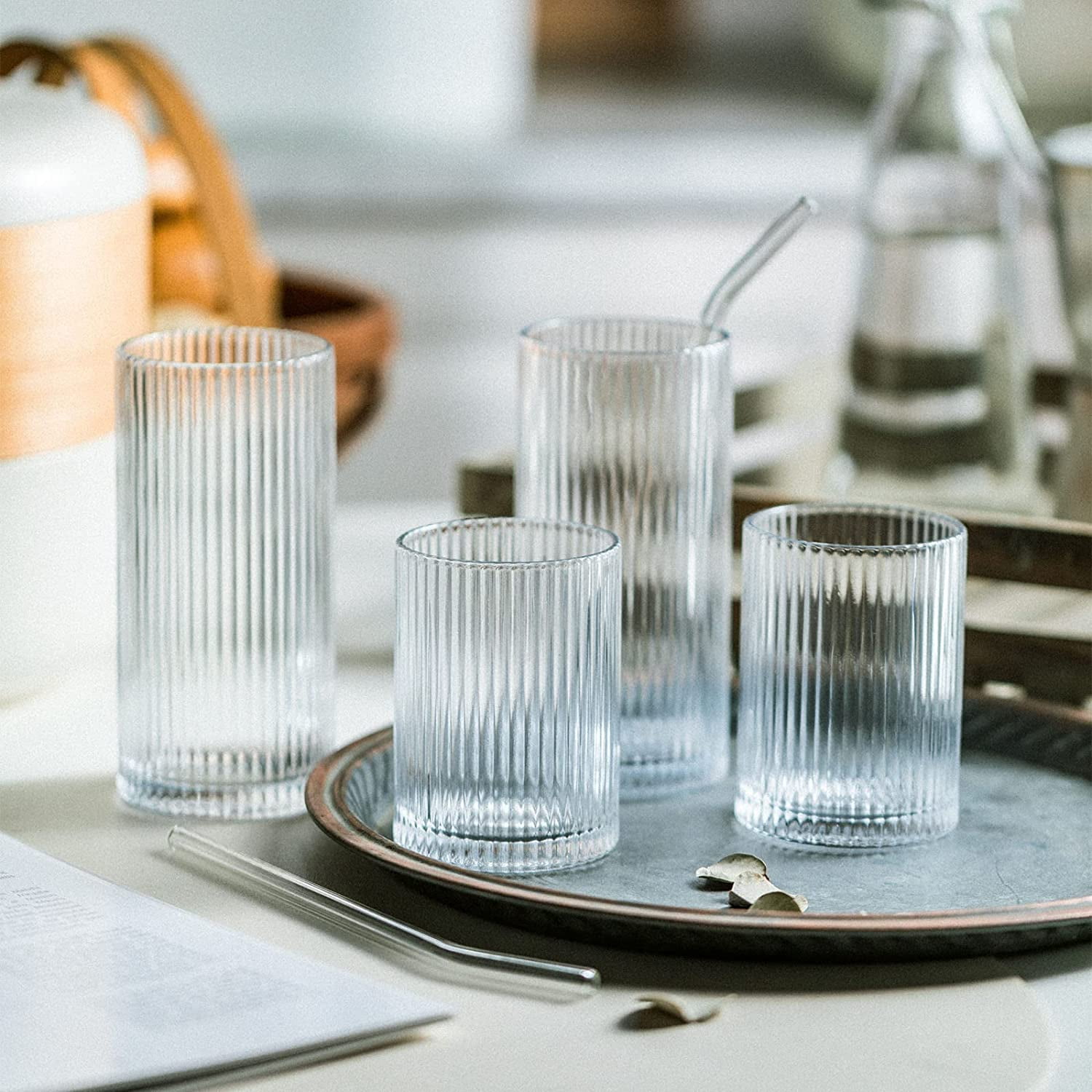DanceeMangoos Creative Glass Cups Cute Vintage Drinking Glasses of 4 Set,  12 oz Entertainment Dinnerware Ribbed Glassware, Wave Shape Beverage  Glasses
