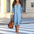 thumbnail image 6 of Women's V Neck 3/4 Sleeve Loose Swing Mini Dress, Solid Ruffle Hem Casual Summer Vacation Tunic Dress Light Blue XL(XL), 6 of 7