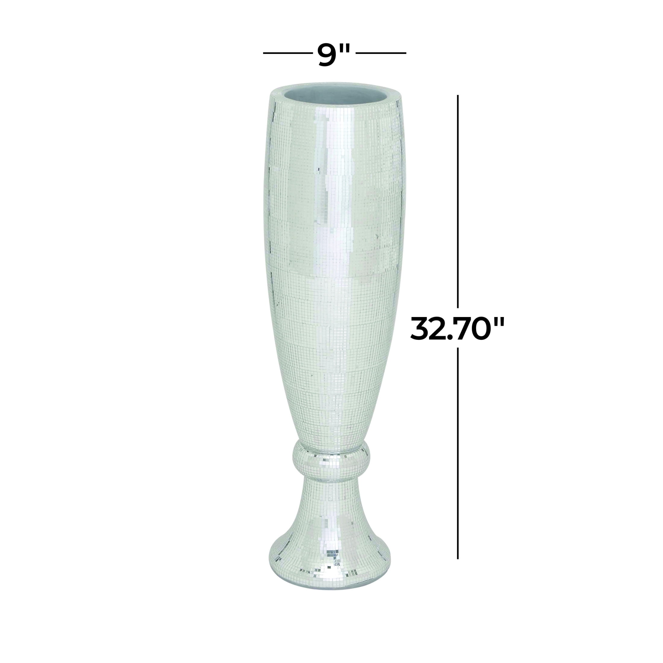 DecMode 33" Tall Champagne Flute Shape Silver Polystone Vase with Mosaic Mirror Inlay