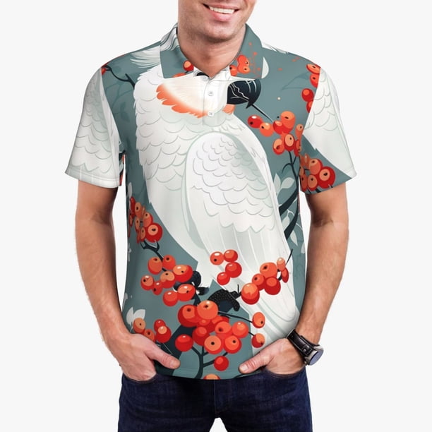 Balery Cockatoo Red Berries Camisa Polo de Hombre con Estampado, de Manga Corta y Tejido Medio, Camisa Tipo Golf Polo-Small